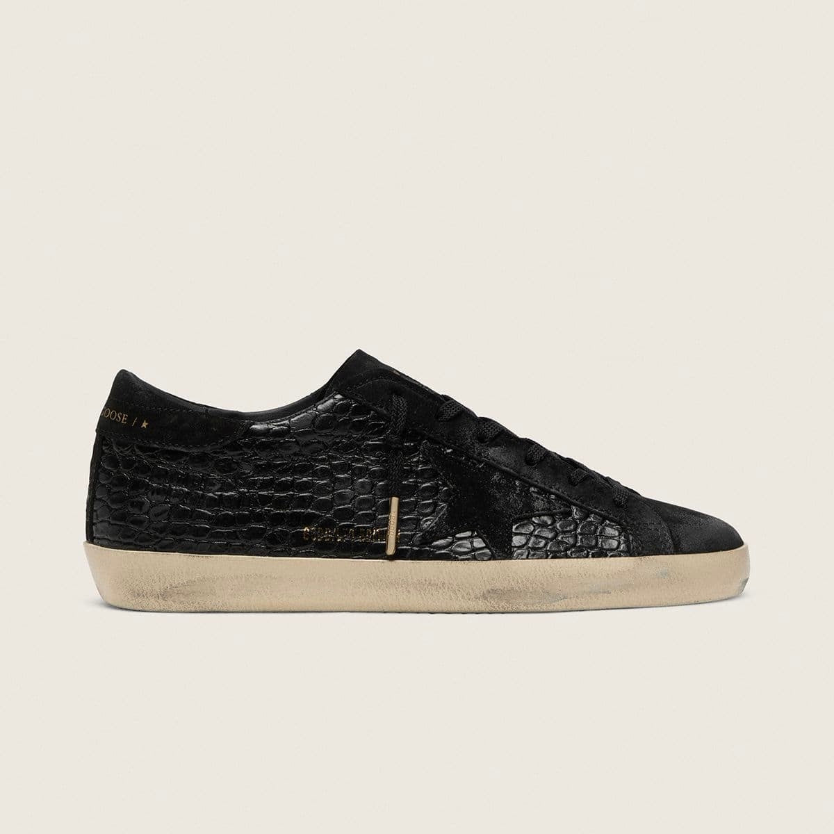 Golden Goose Super-Star LTD in black croc-print leather with black suede star and heel tab(Women's)
