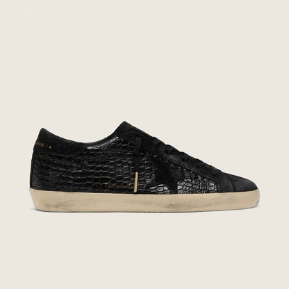 Golden Goose Super-Star LTD in black croc-print leather with black suede star and heel tab(Women's)