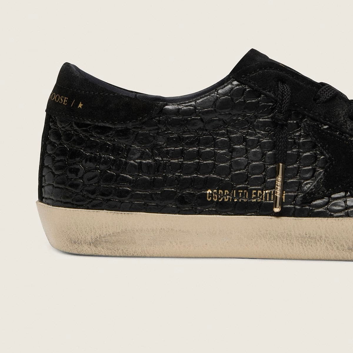 Golden Goose Super-Star LTD in black croc-print leather with black suede star and heel tab(Women's)