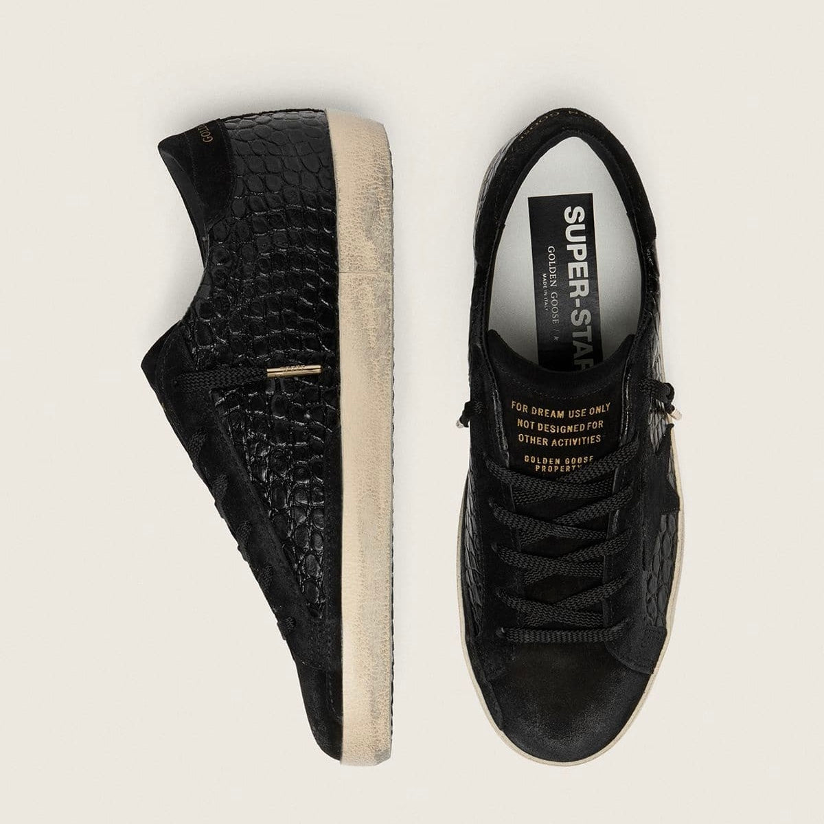 Golden Goose Super-Star LTD in black croc-print leather with black suede star and heel tab(Women's)