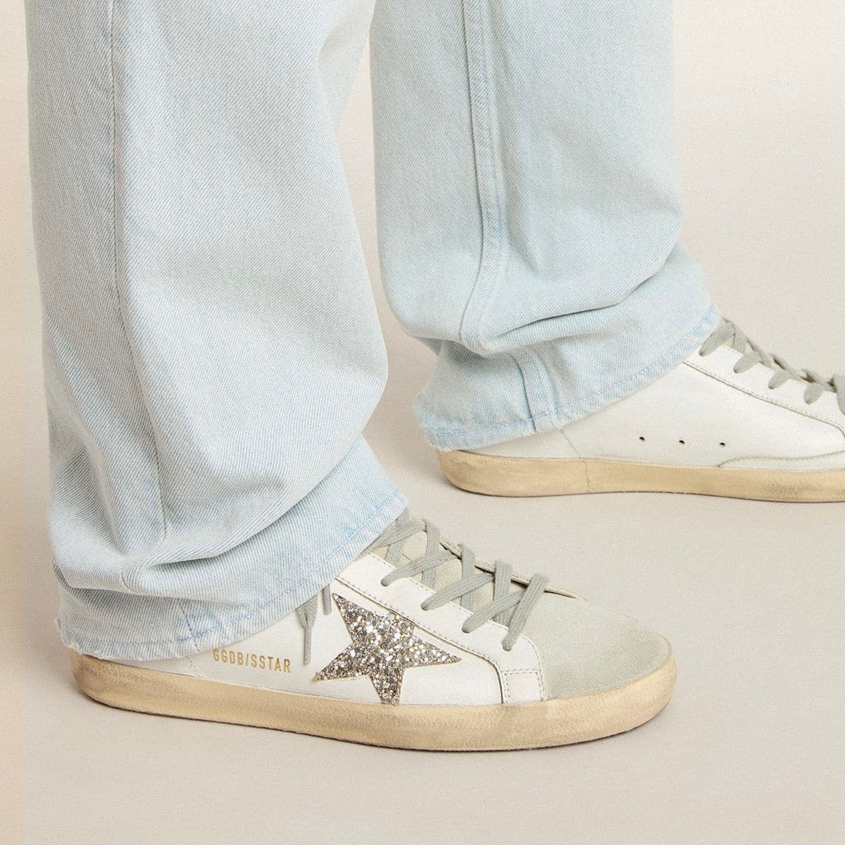Super-Star Sabot with a platinum glitter star and suede tongue