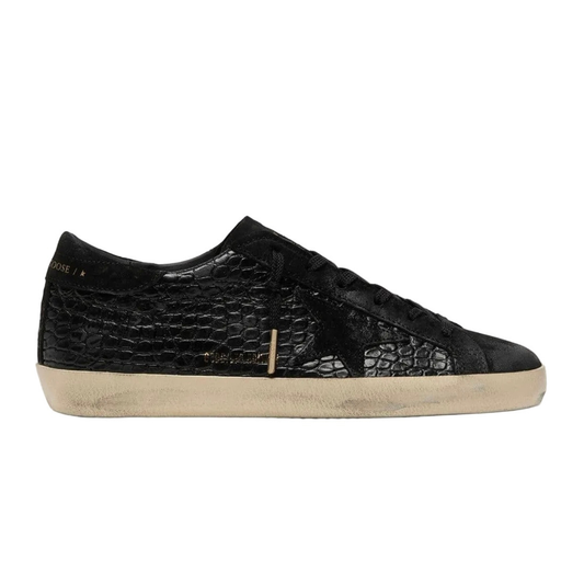 Golden Goose Super-Star LTD in black croc-print leather with black suede star and heel tab(Women's)
