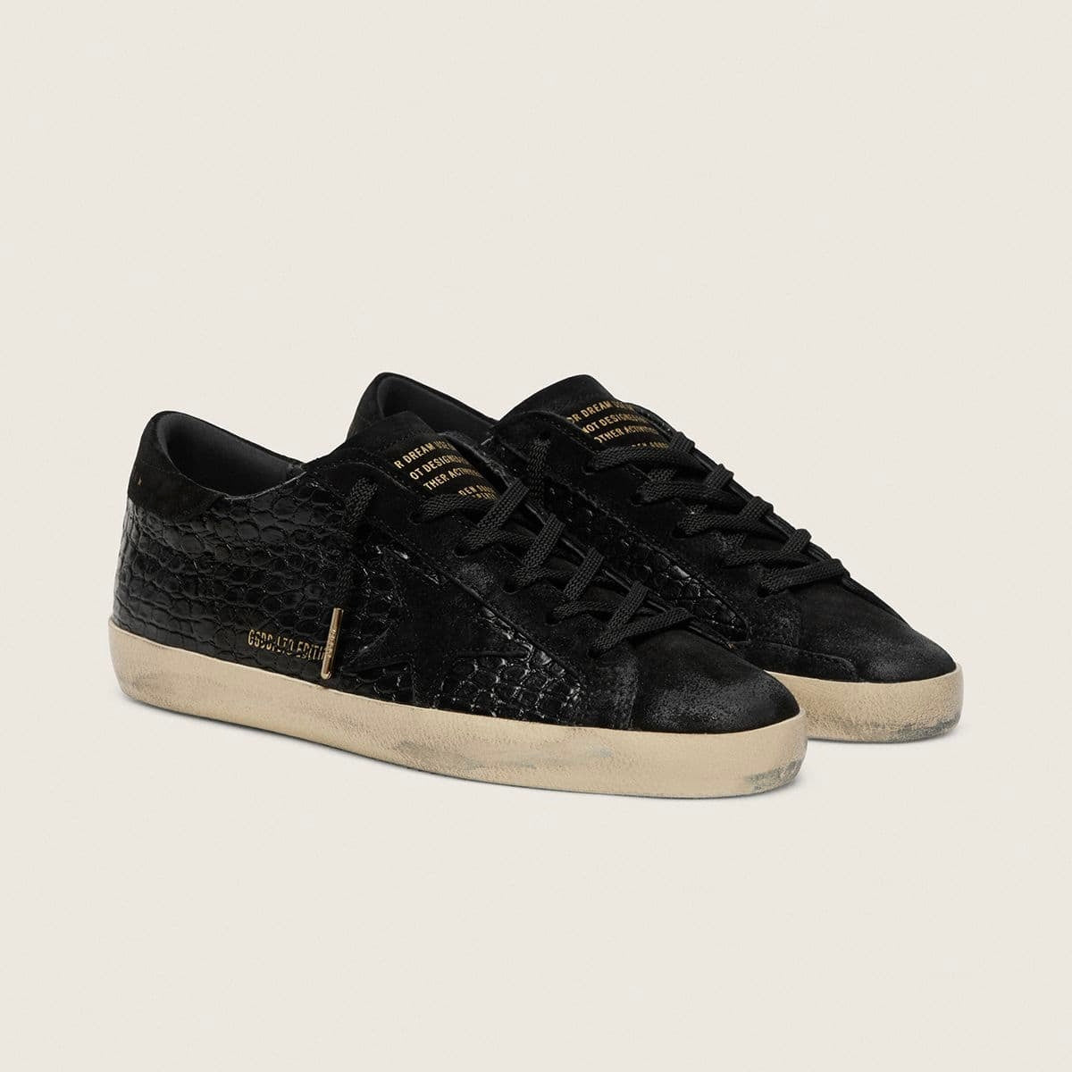 Golden Goose Super-Star LTD in black croc-print leather with black suede star and heel tab(Women's)