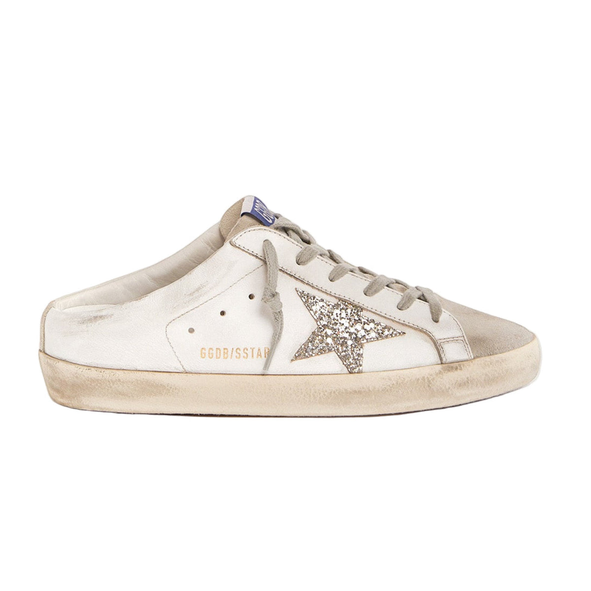 Super-Star Sabot with a platinum glitter star and suede tongue
