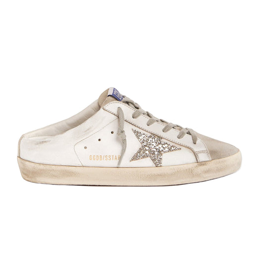 Super-Star Sabot with a platinum glitter star and suede tongue
