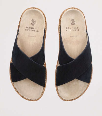 Brunello Cucinelli Black Suede Crossover Sandals