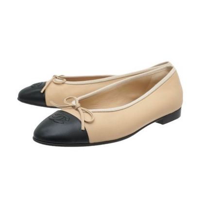 Chanel Beige/Black Leather CC Bow Cap Toe Ballet Flats