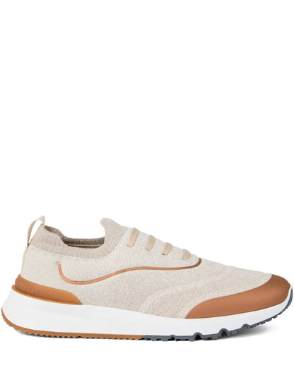 Brunello Cucinelli Techno Cotton Knit Runners With Heat-Bonded Details Biege